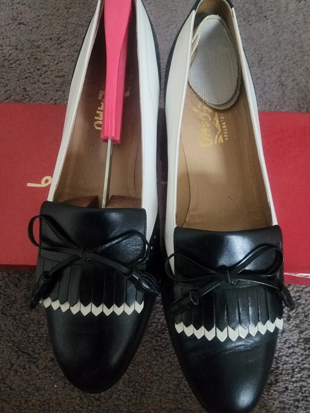 Salvatore Ferragamo Black and White Fringe Bow Loafers